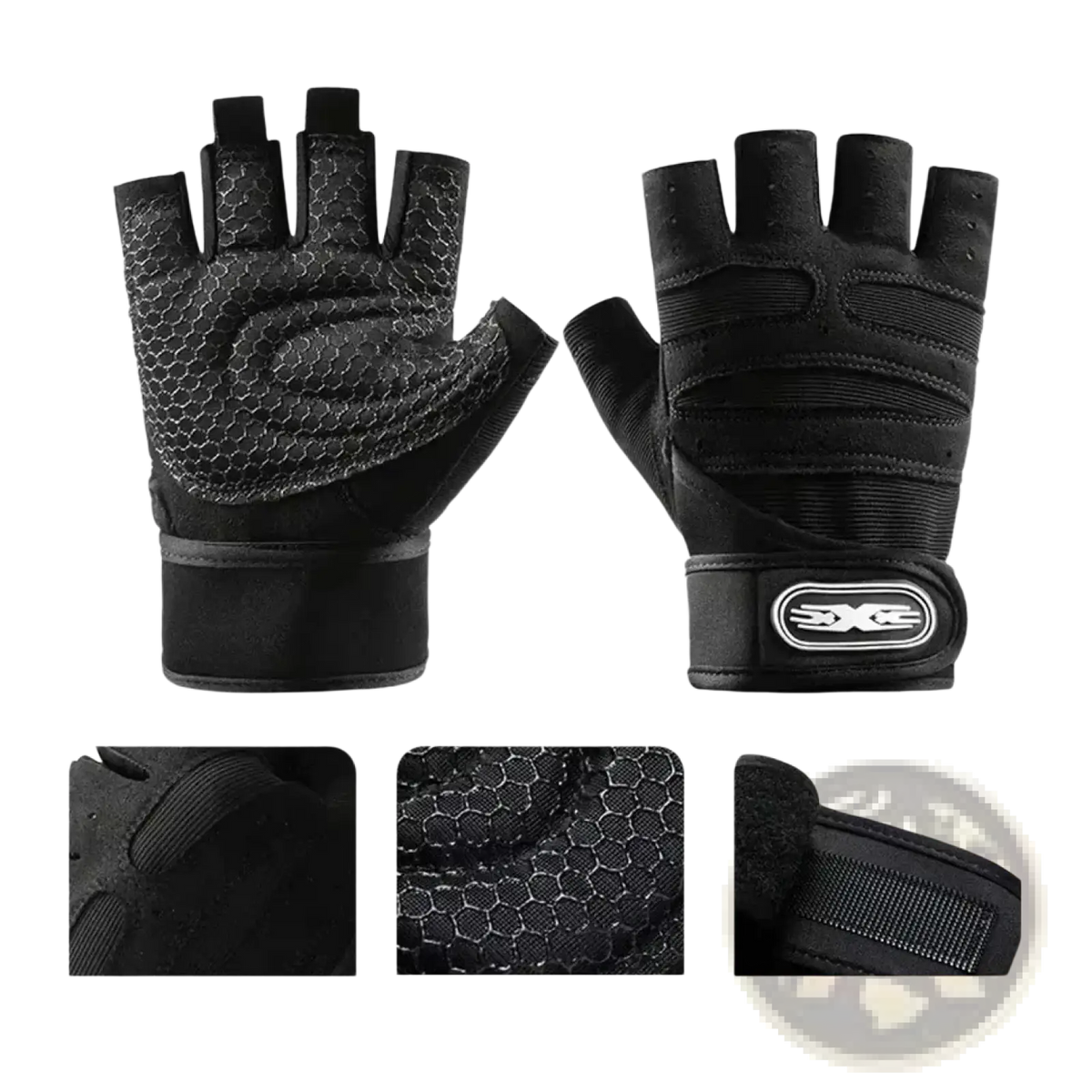 Black fitness workout gloves with fingerless design breathable mesh palm and reinforced wrist support strap visible on back side