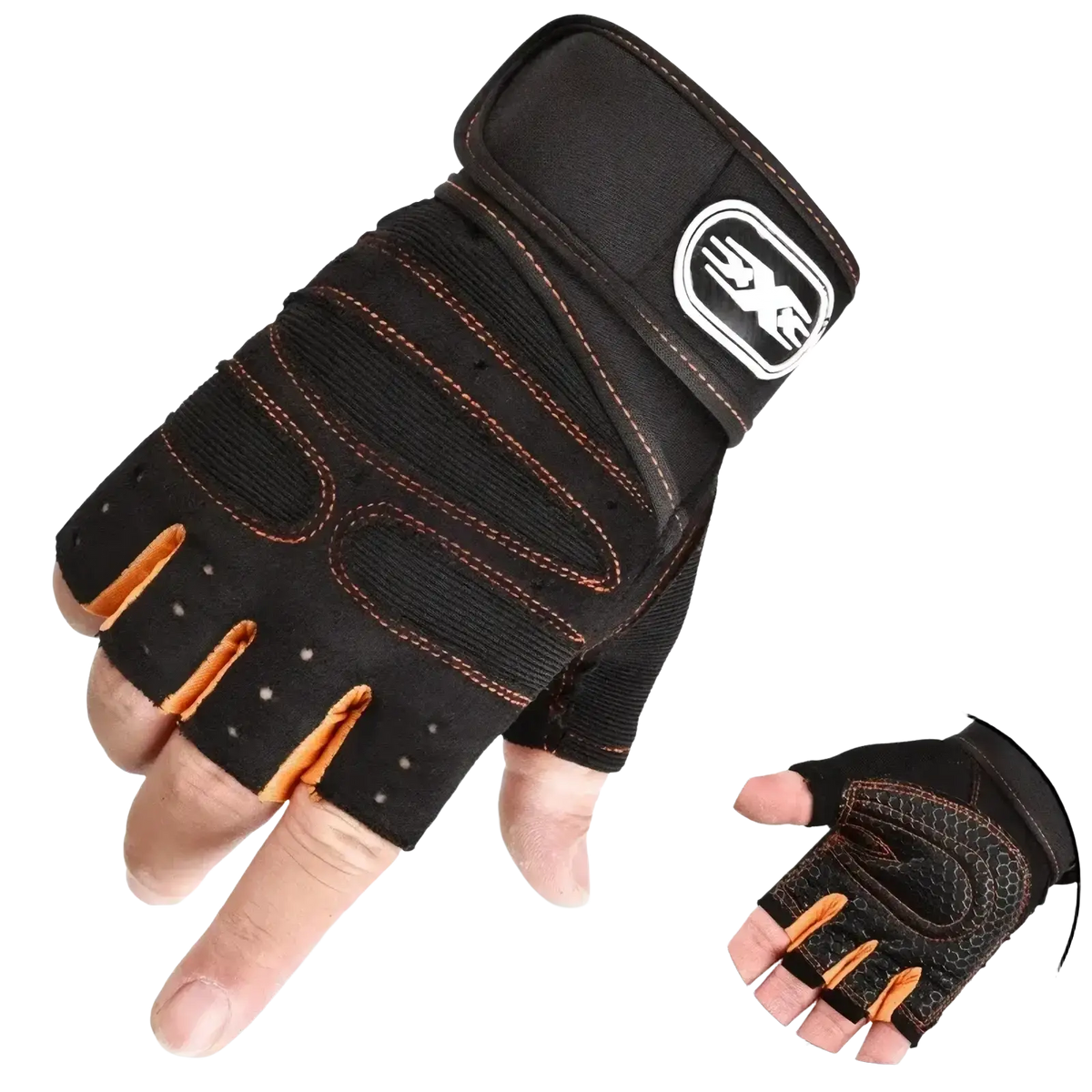 Black and orange fingerless fitness workout gloves with wrist support reinforced stitching and branded logo on wrist back side