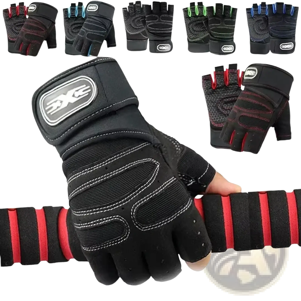 Fitness workout gloves with wrist support in black and red featuring reinforced palms and breathable mesh panels