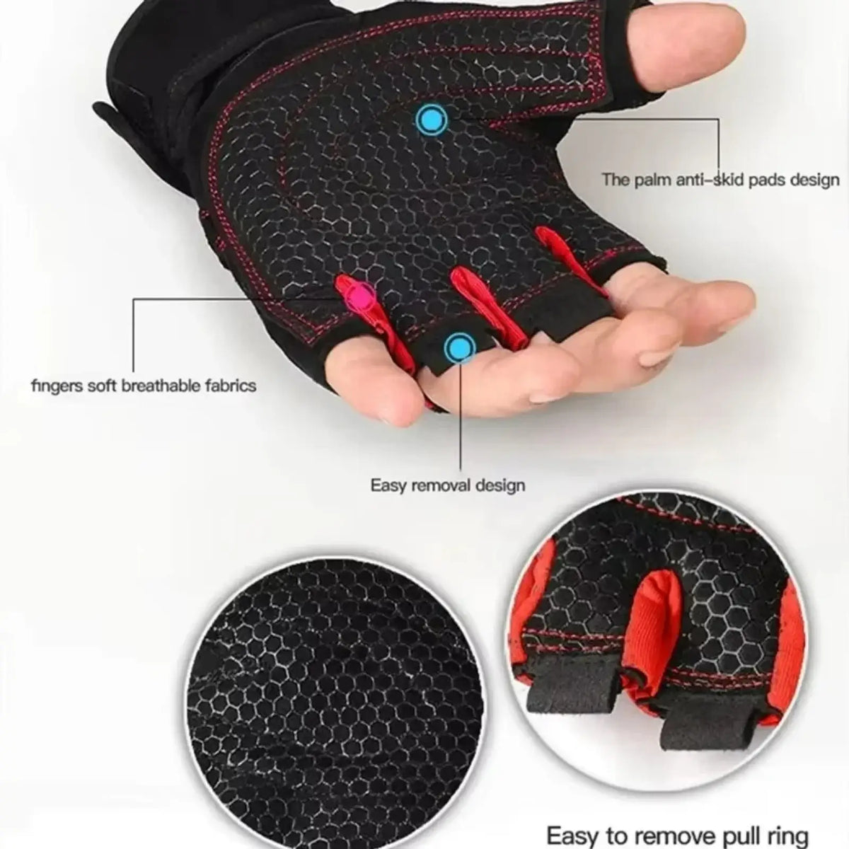 Black and red fitness workout gloves with wrist support featuring hexagonal mesh palm grip and breathable finger fabric