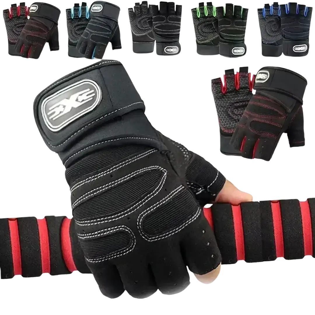 Black and red fingerless fitness workout gloves with reinforced palm padding and wrist support featuring logo strap