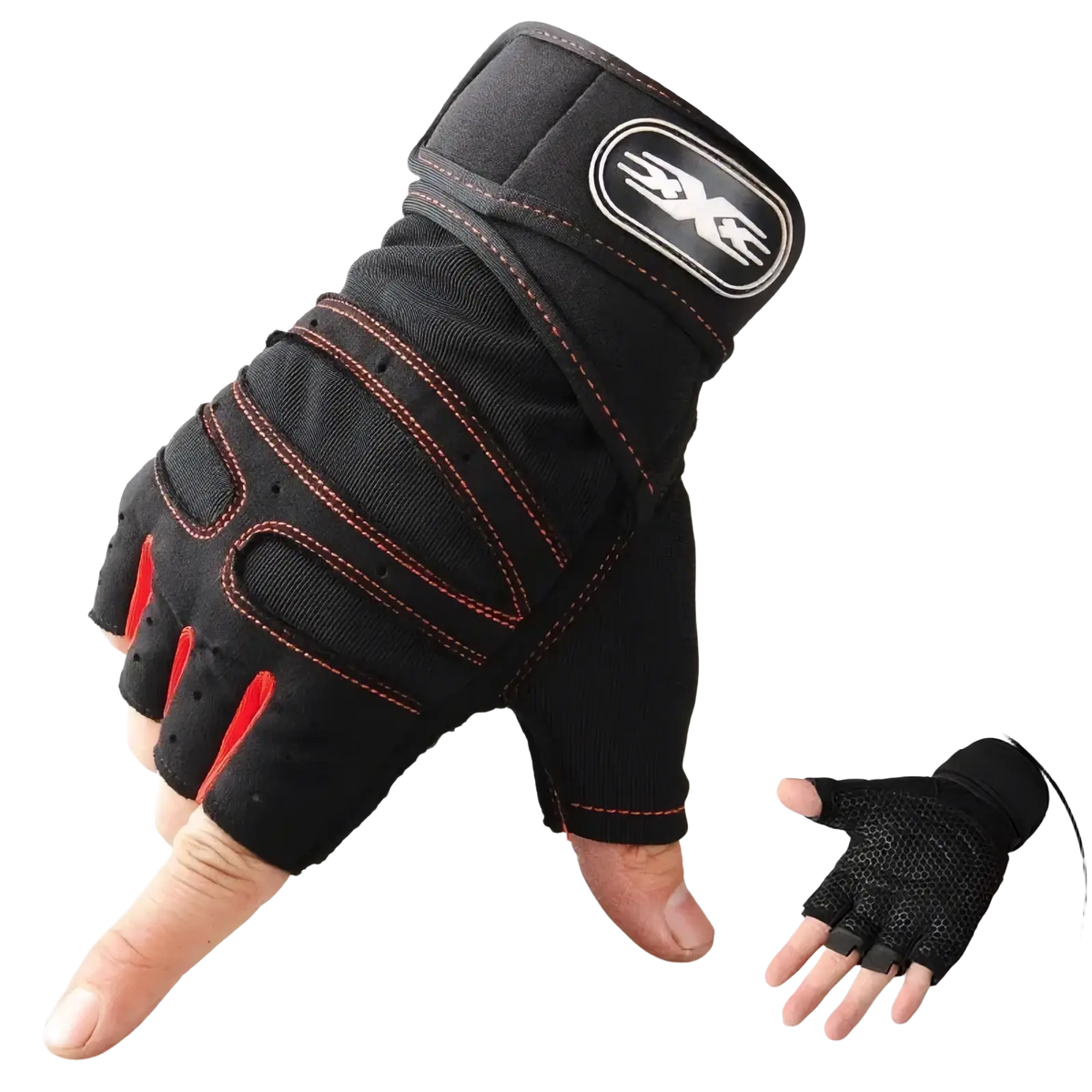 Fitness workout gloves with wrist support in black and red featuring breathable mesh and reinforced stitching on back side