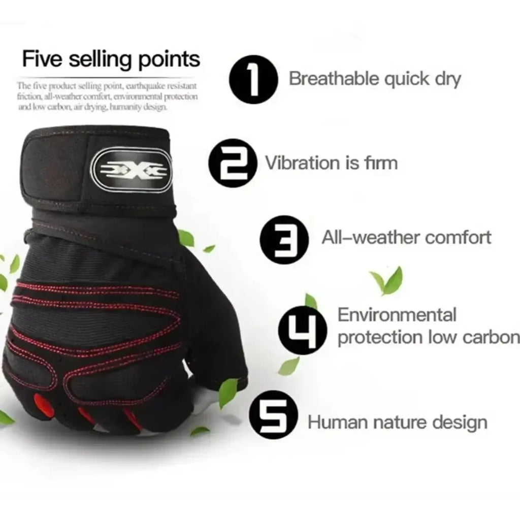 Black and red fitness workout glove with wrist support featuring breathable fabric and reinforced stitching on the back side