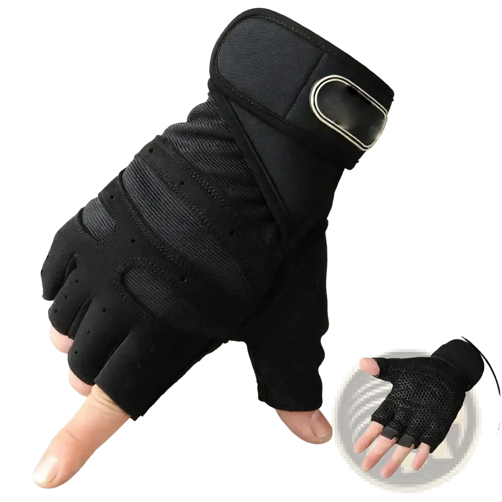 Black fingerless fitness workout gloves with wrist support featuring reinforced palm and adjustable wrist strap