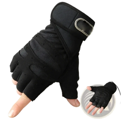 Black fingerless fitness workout gloves with wrist support featuring reinforced palm and adjustable wrist strap