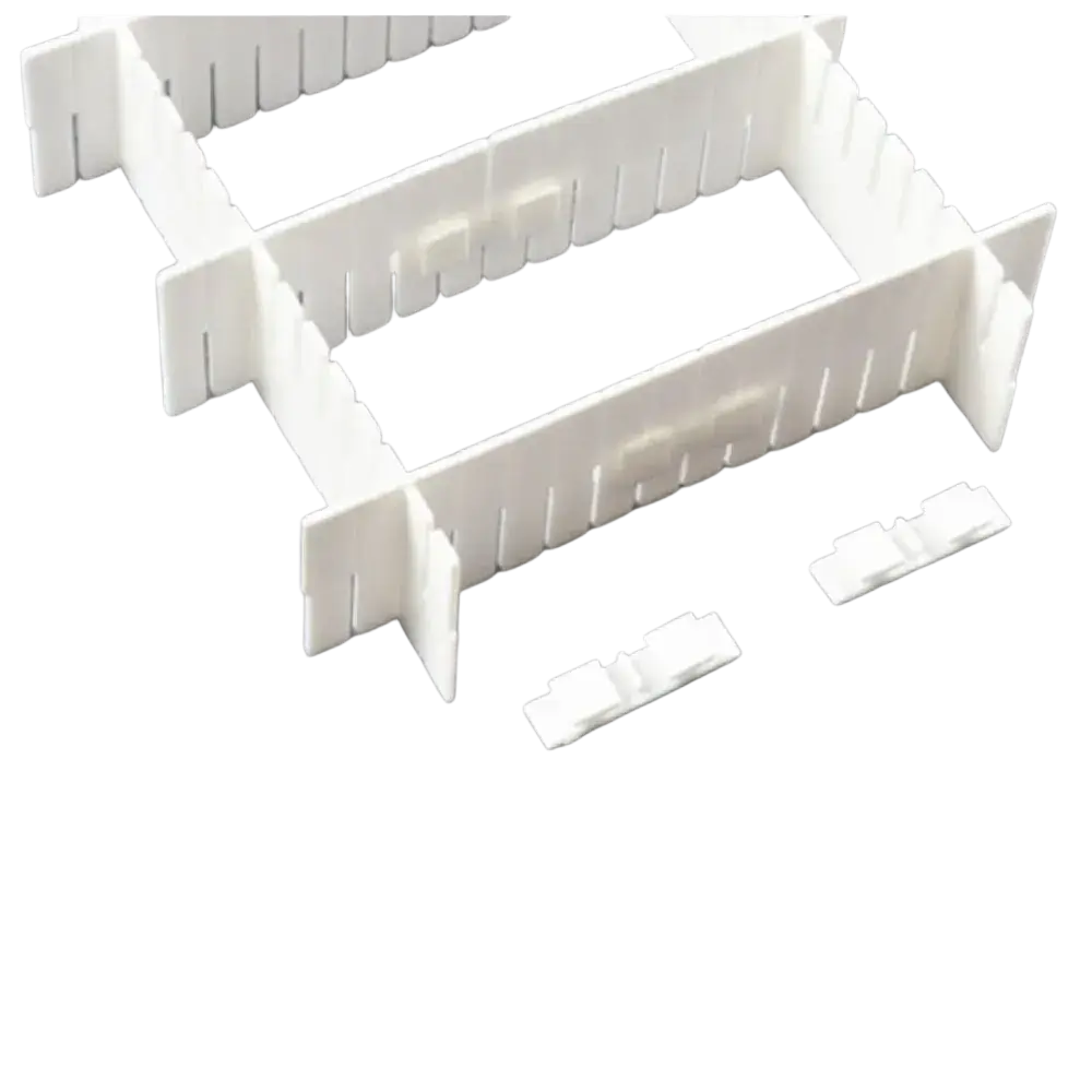 White plastic drawer divider set with interlocking segments and buckle fixing clip connectors for organized storage