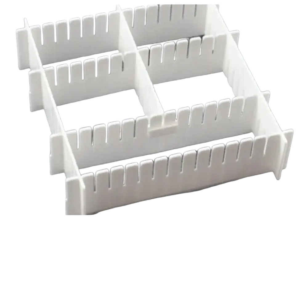 White plastic drawer organizer with picket fence design featuring buckle fixing clip for secure divider accessories