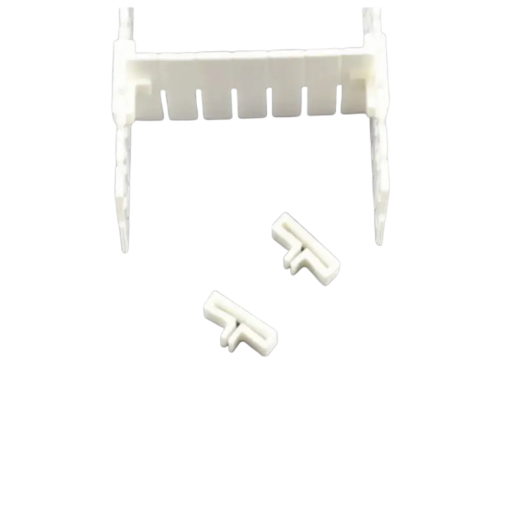 White plastic fixing clip with t-shaped buckle fixing design and rectangular slots for securing wires in drawer divider accessories