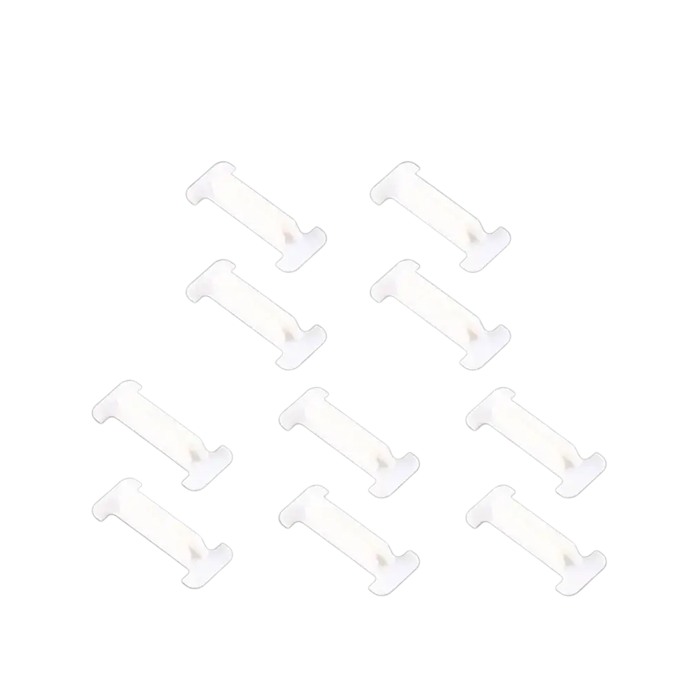 Ten white plastic t-shaped buckle fixing clips for drawer divider accessories and organizing solutions
