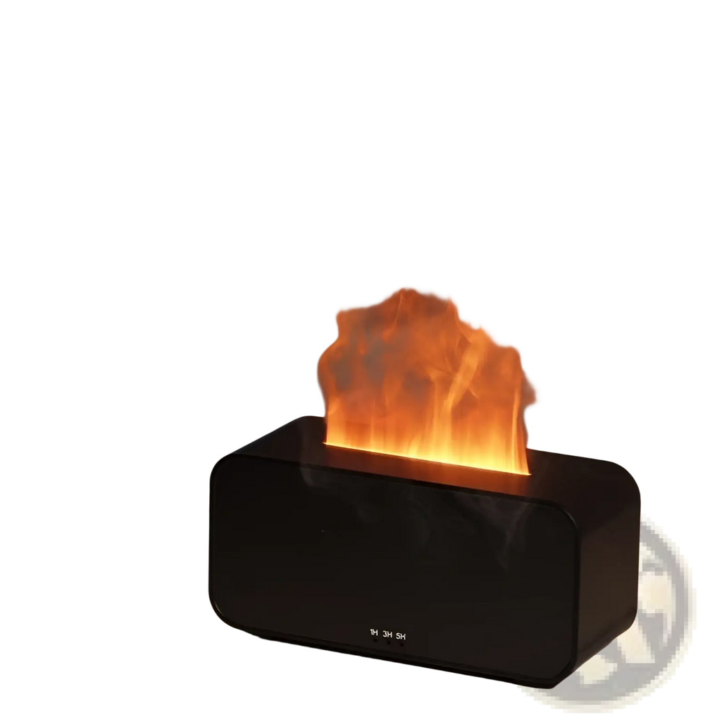 Black rectangular flame diffuser humidifier with glowing orange flame effect and fine jellyfish mist rising from the top