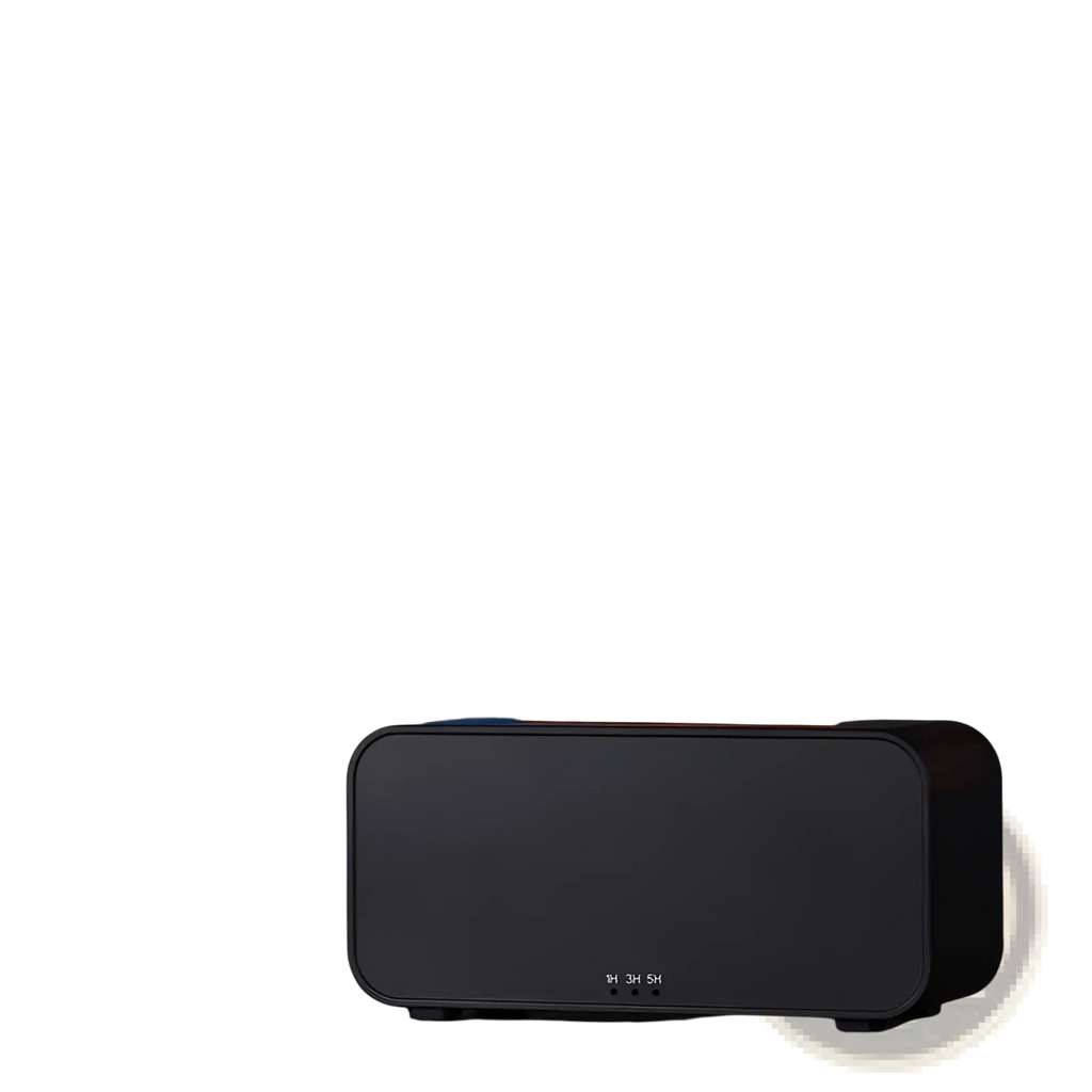 Black rectangular flame diffuser humidifier with jellyfish mist effect emitting orange simulated flame aroma mist