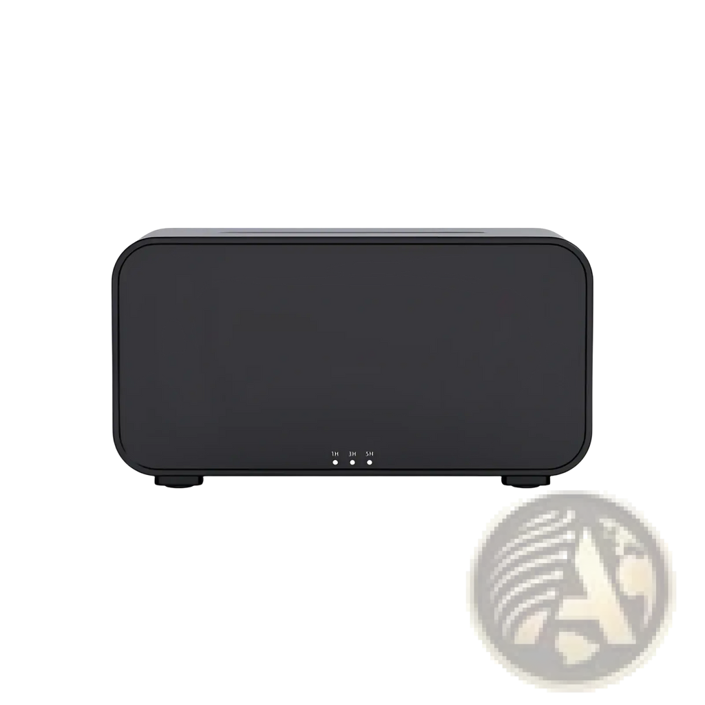 Black rectangular flame diffuser humidifier with rounded edges and three indicator lights featuring jellyfish mist effect