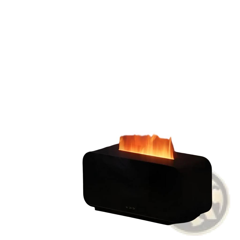 Black rectangular flame diffuser humidifier with glowing orange flame effect and soft jellyfish mist sound feature