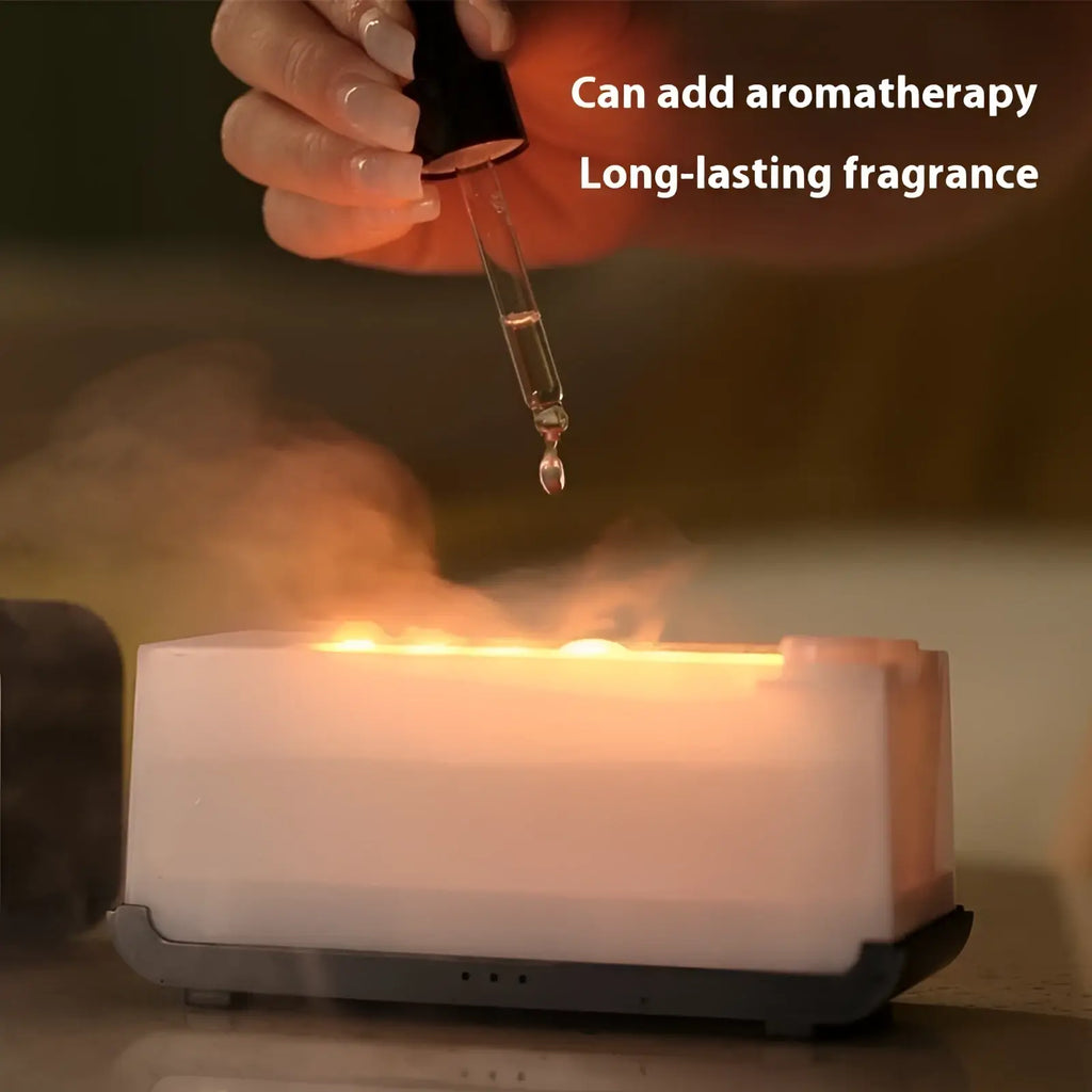 Flame diffuser humidifier rectangular white emitting warm glow and mist with jellyfish mist effect and essential oil added