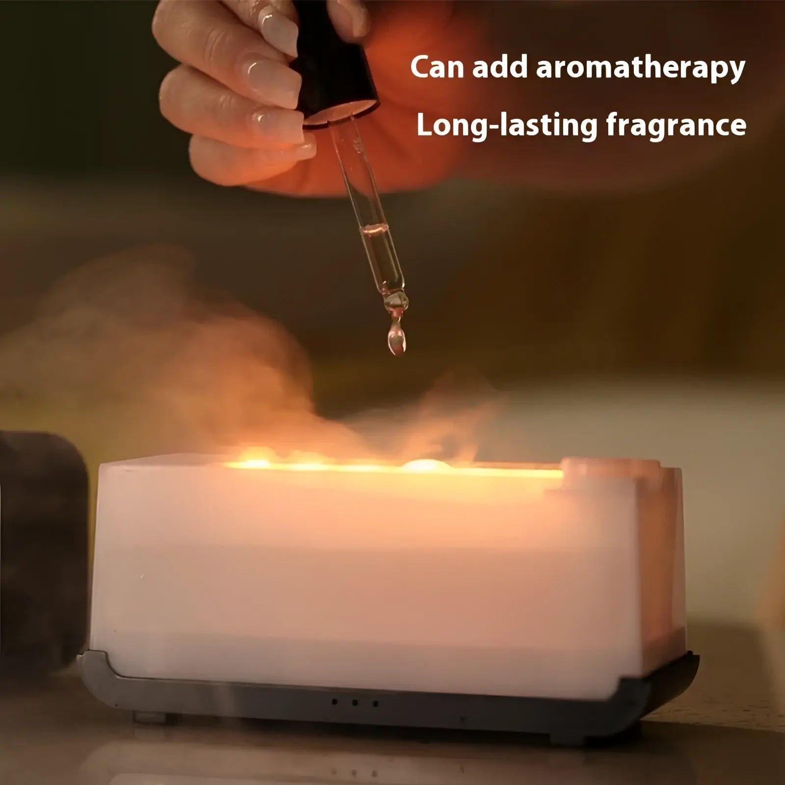 Flame diffuser humidifier rectangular white emitting warm glow and mist with jellyfish mist effect and essential oil added