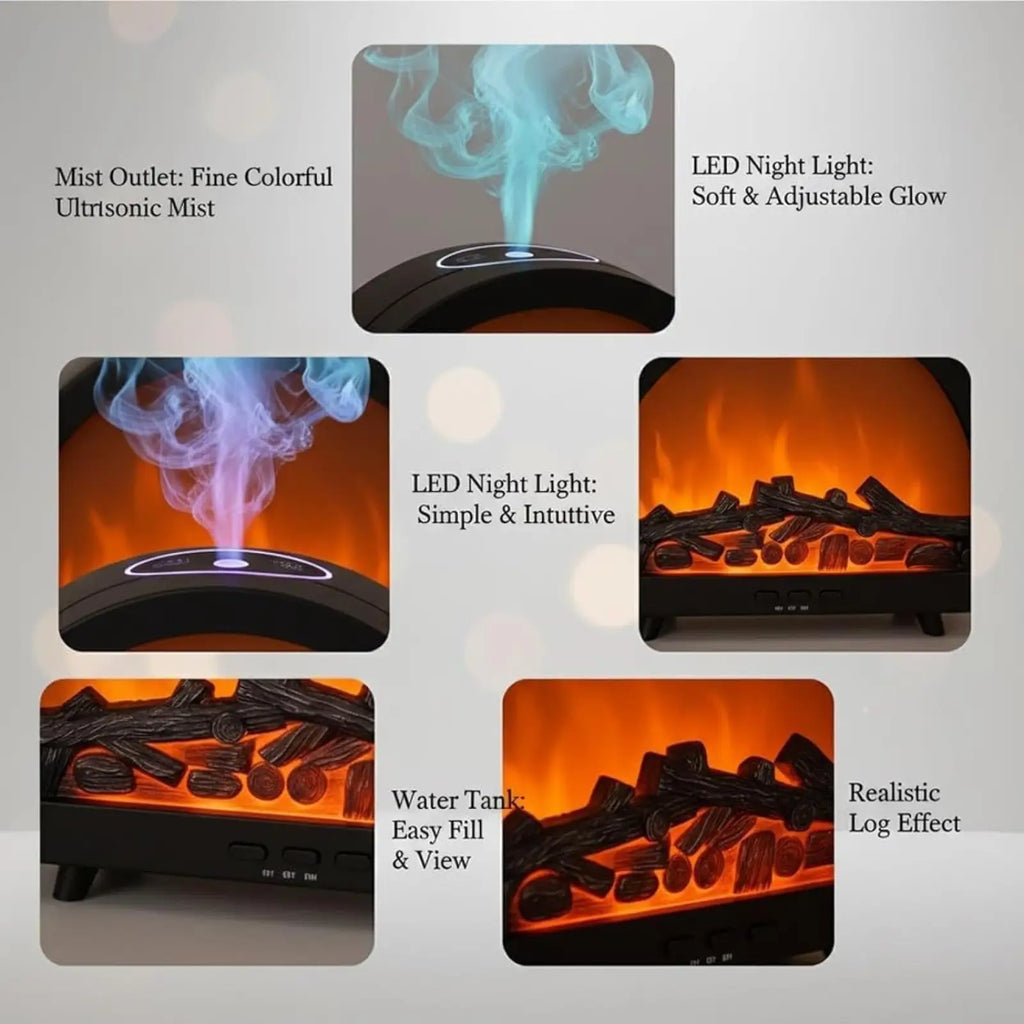 Black electric fireplace flame diffuser humidifier with realistic log effect and adjustable multi color led night light