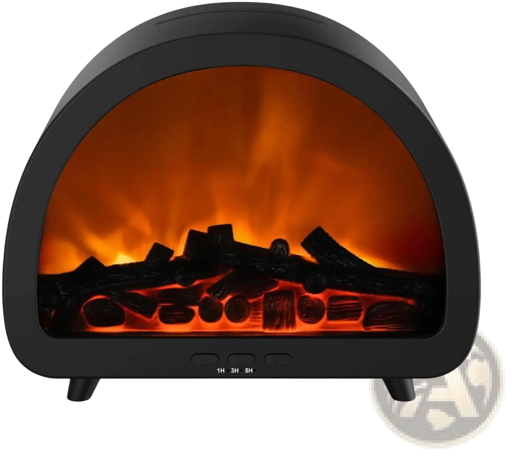 Black electric flame diffuser humidifier with realistic glowing orange flames and multi color LED mist in curved housing