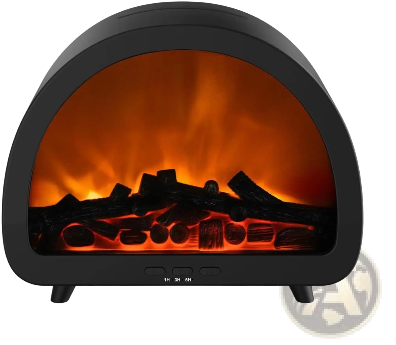 Black electric flame diffuser humidifier with realistic glowing orange flames and multi color LED mist in curved housing