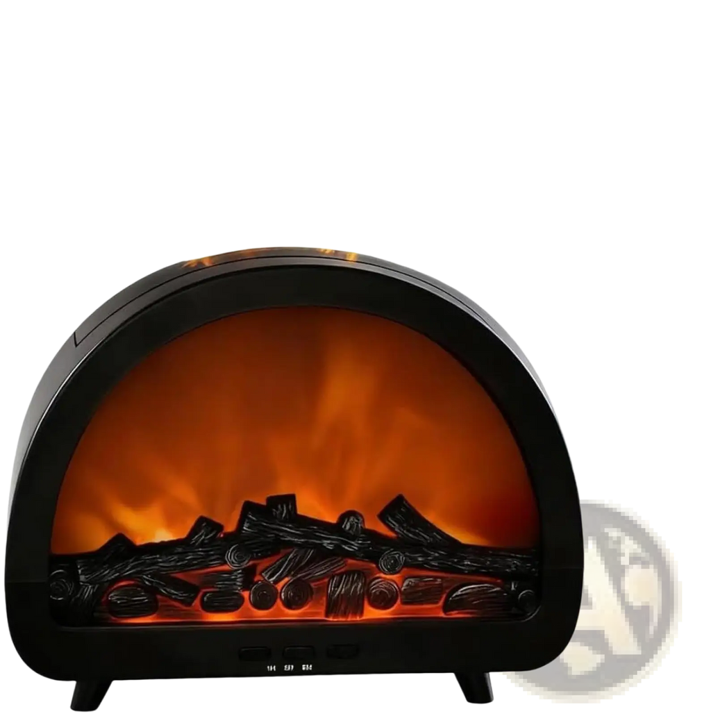 Black electric flame diffuser humidifier with realistic orange flames, faux logs, and multi color LED mist effects