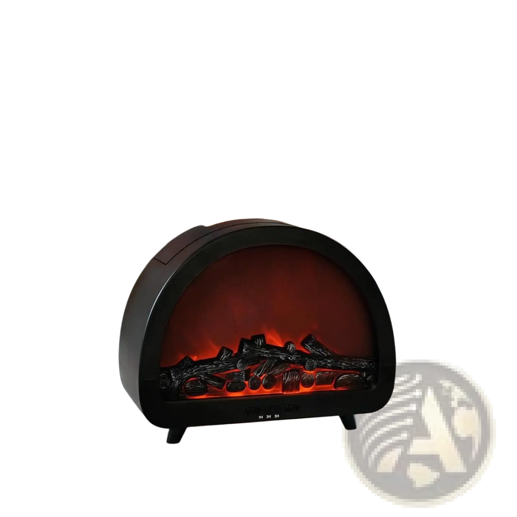 Black electric flame diffuser humidifier with realistic orange glowing flames and multicolor led mist in curved housing