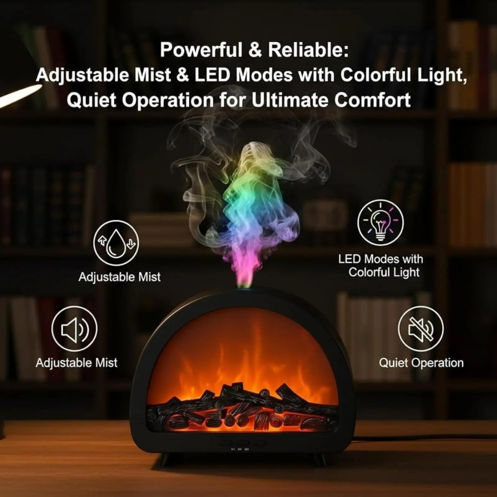 Black electric fireplace flame diffuser humidifier with realistic orange flame effect and colorful rainbow mist