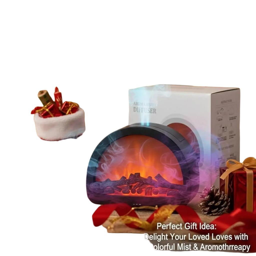 A sleek black-framed flame diffuser humidifier with glowing orange flame effect and swirling blue multi-color LED mist