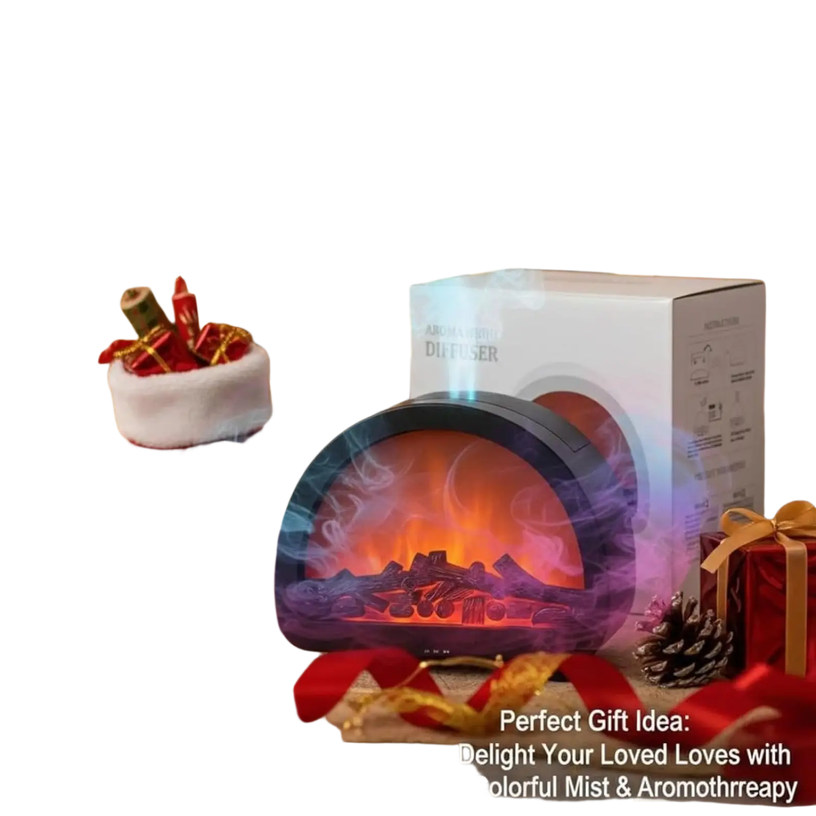 A sleek black-framed flame diffuser humidifier with glowing orange flame effect and swirling blue multi-color LED mist