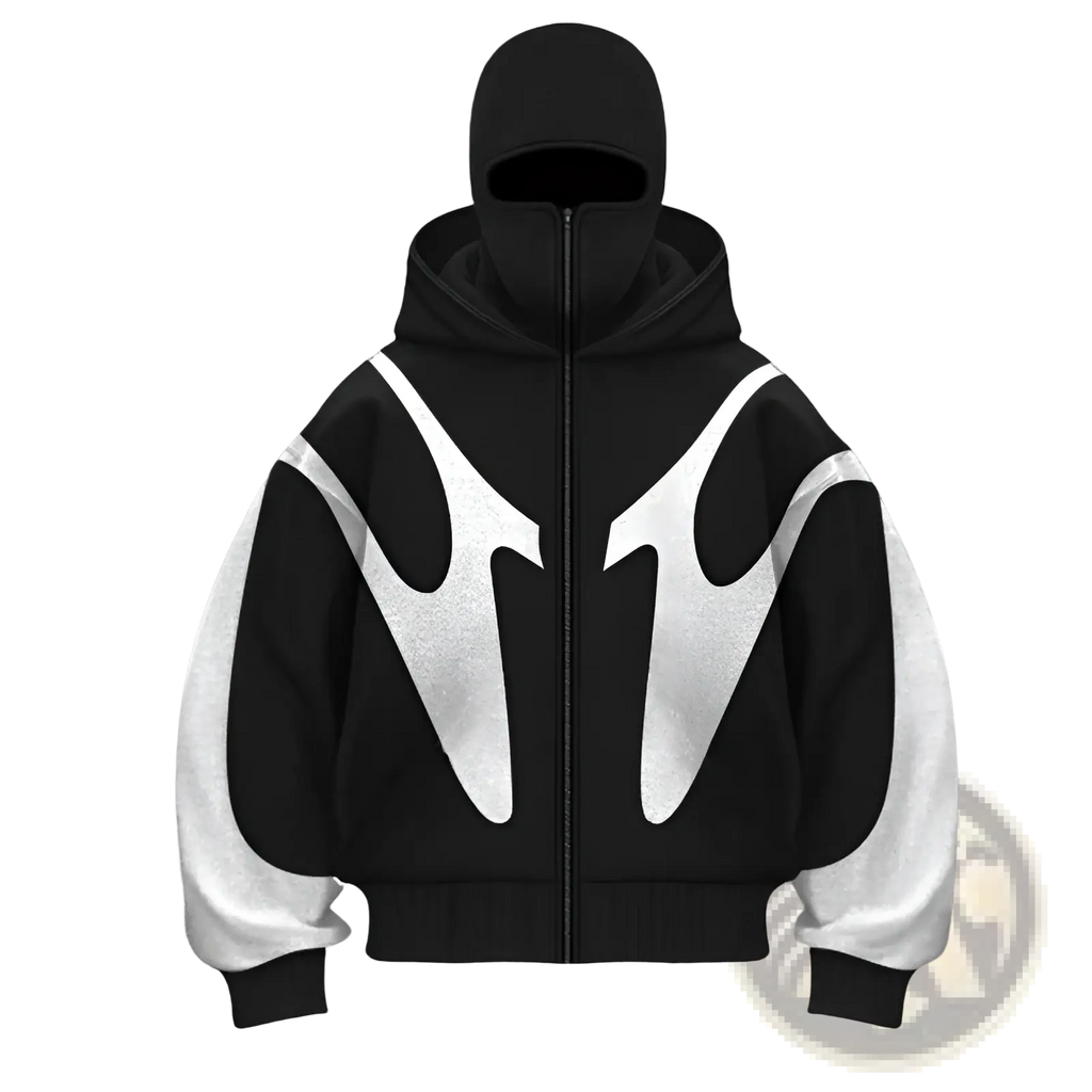 Black and white flame graphic balaclava hooded zip up jacket with bold abstract design on front