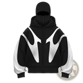 Black and white flame graphic balaclava hooded zip up jacket with bold abstract design on front