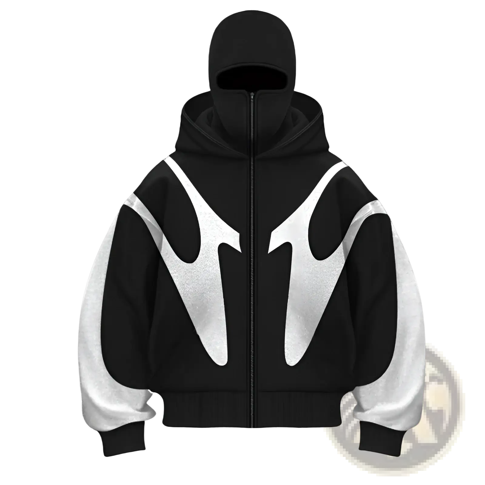 Black and white flame graphic balaclava hooded zip up jacket with bold abstract design on front