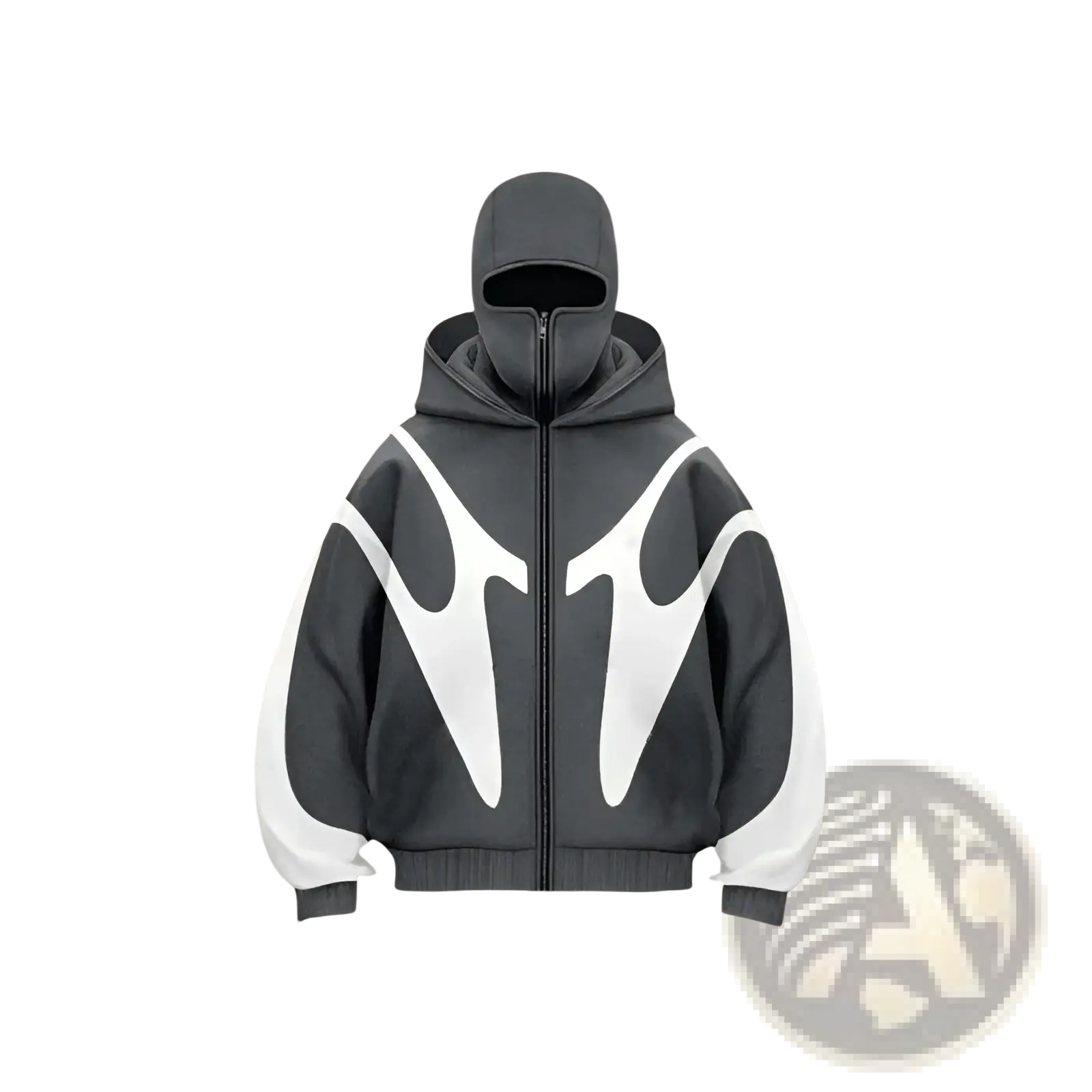 Black and white flame graphic balaclava hooded zip up jacket with face mask made of lightweight fabric for outdoor use