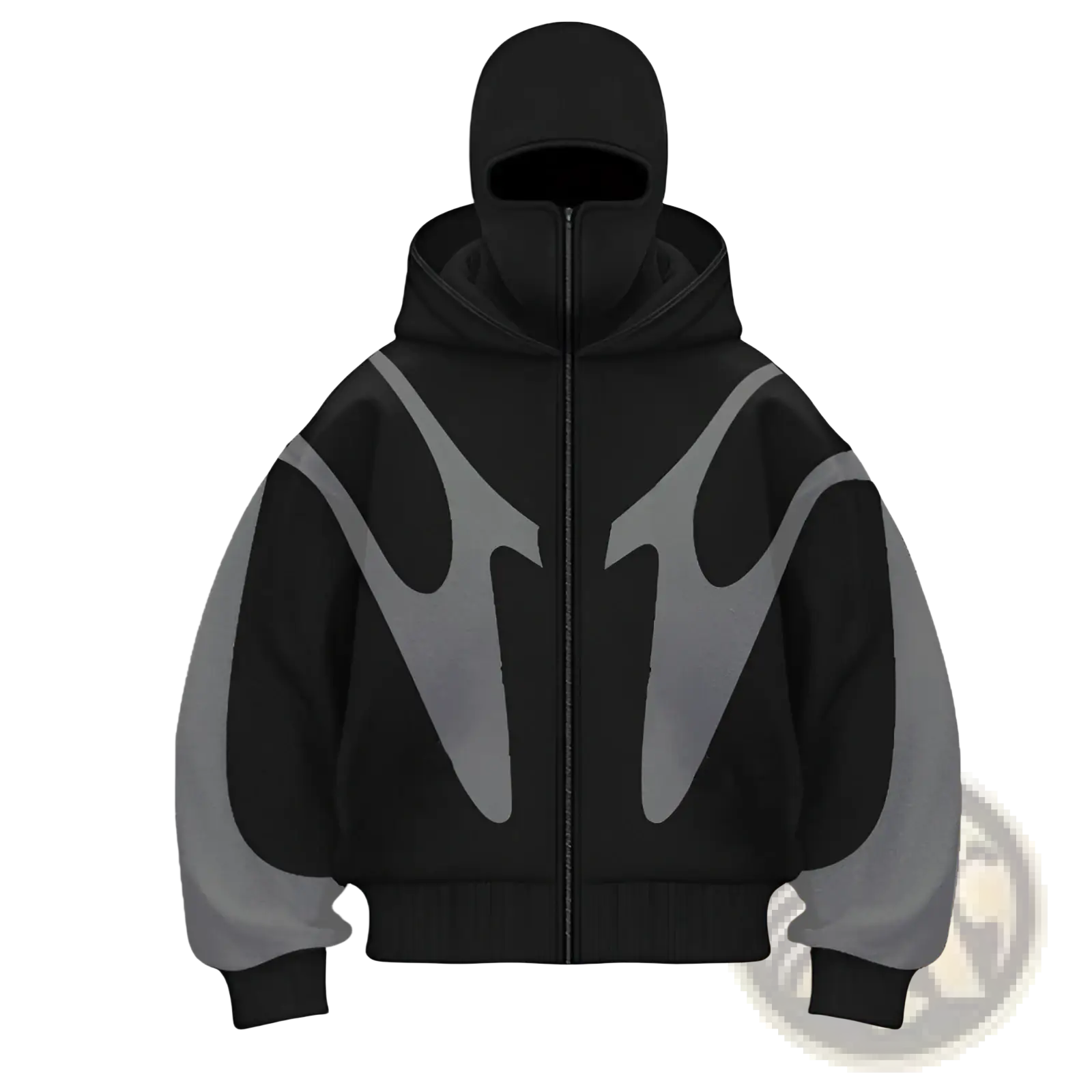 Black and gray hooded zip up jacket with balaclava face mask and reflective silver flame graphic panels on torso