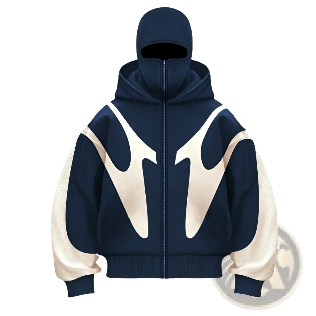 Navy blue and cream flame graphic balaclava hooded zip up jacket with bold abstract flame design on chest