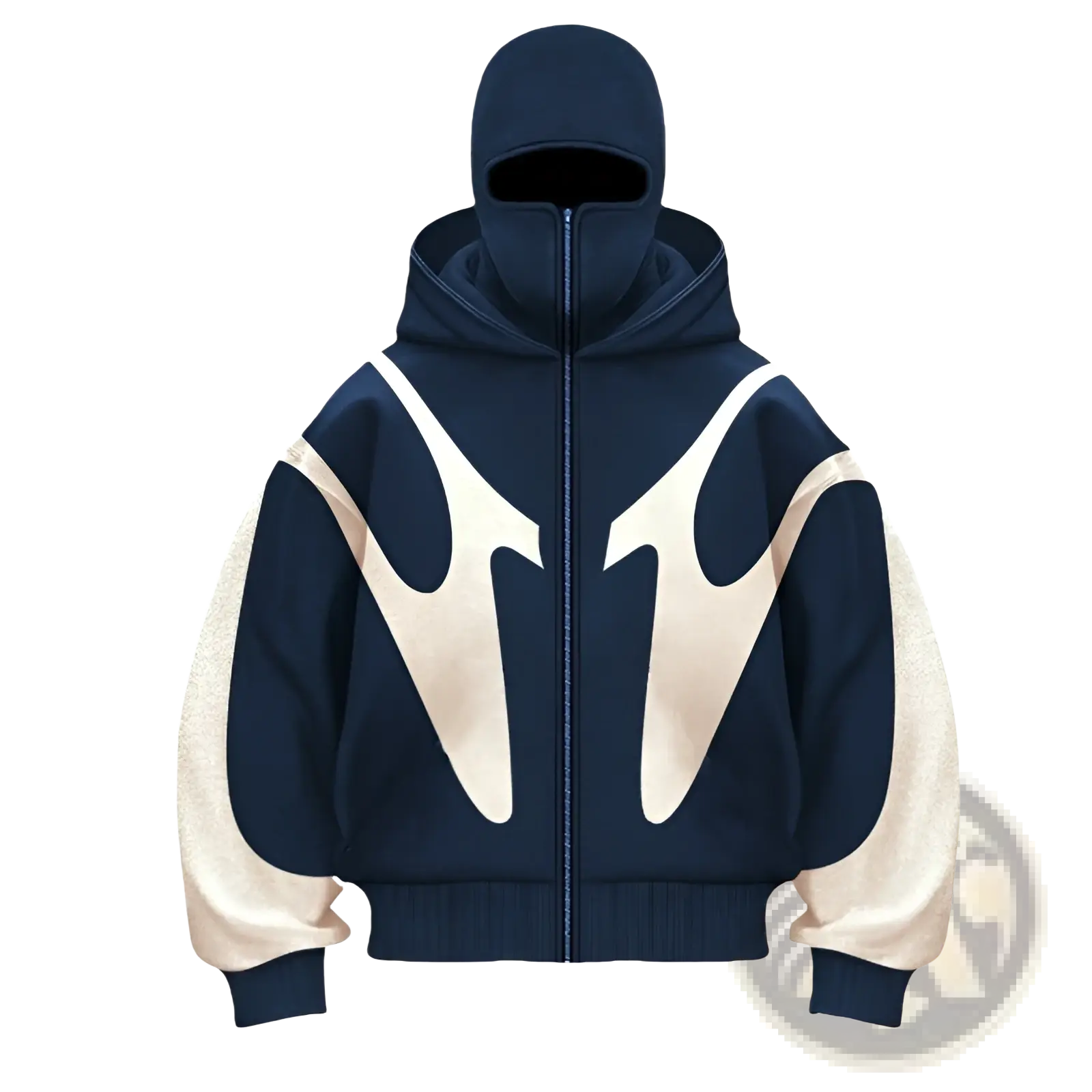Navy blue and cream flame graphic balaclava hooded zip up jacket with bold abstract flame design on chest