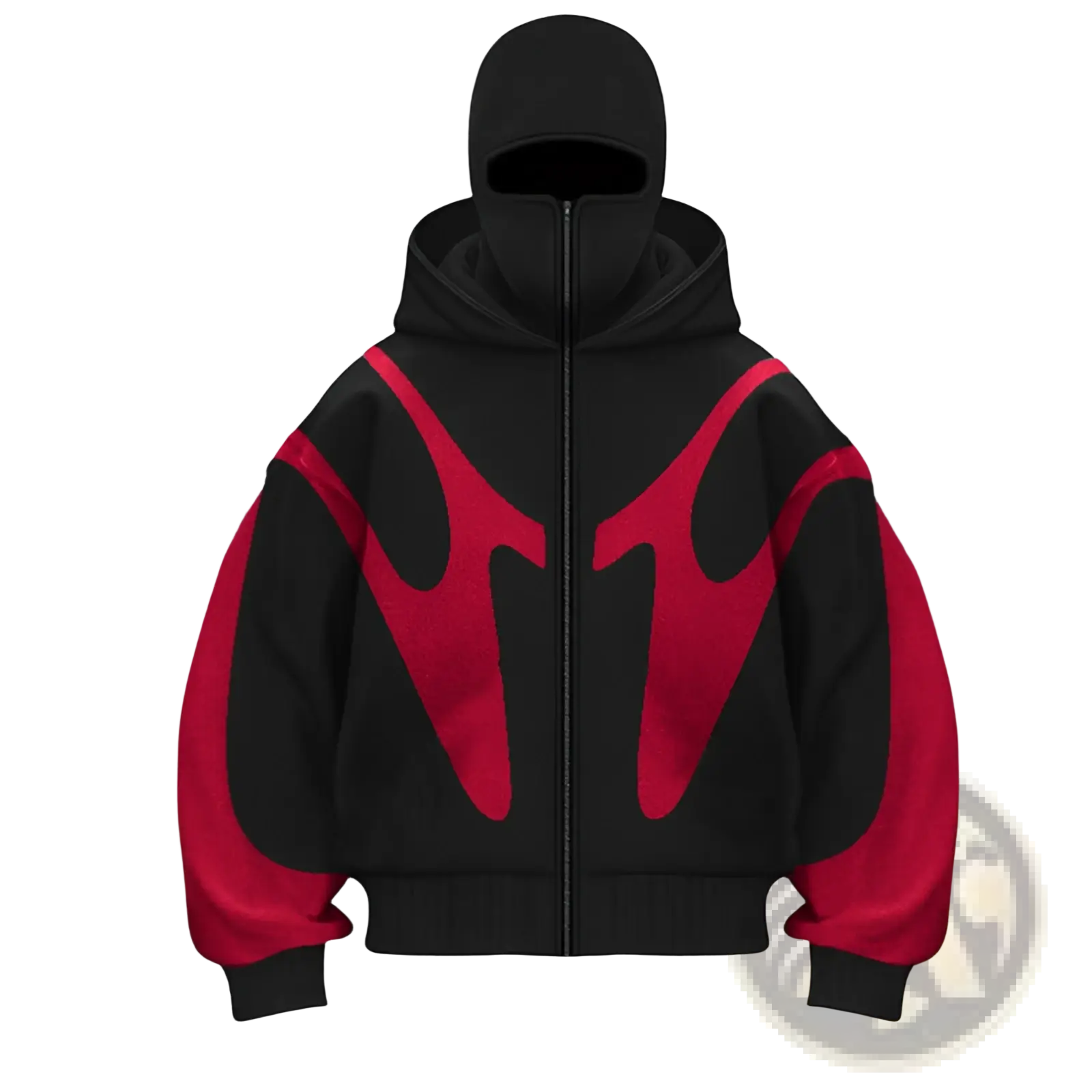 Black and red flame graphic balaclava hooded zip up jacket with full-length zipper and bold chest design