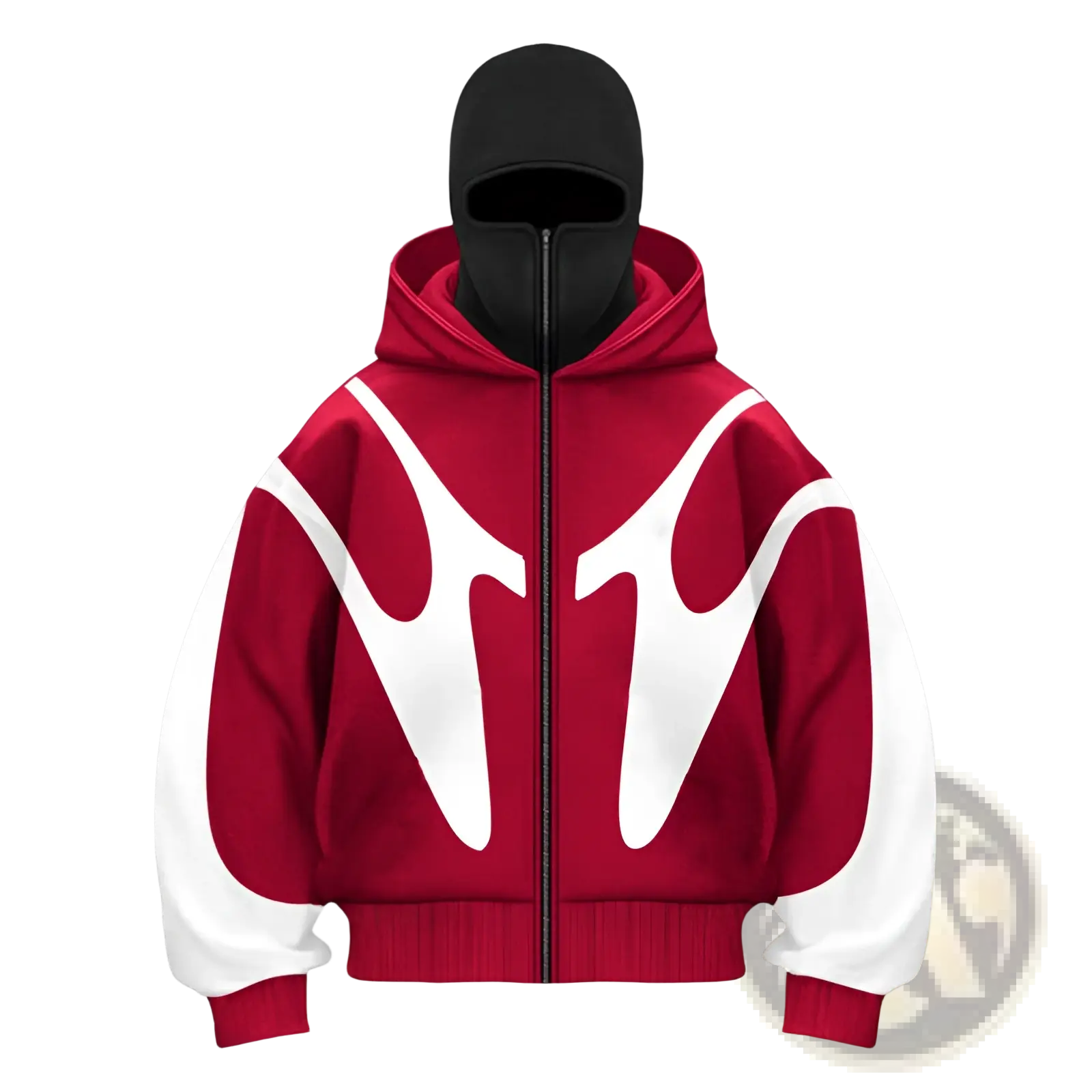 Flame graphic balaclava hooded zip up jacket with red and white colors and bold abstract design on front