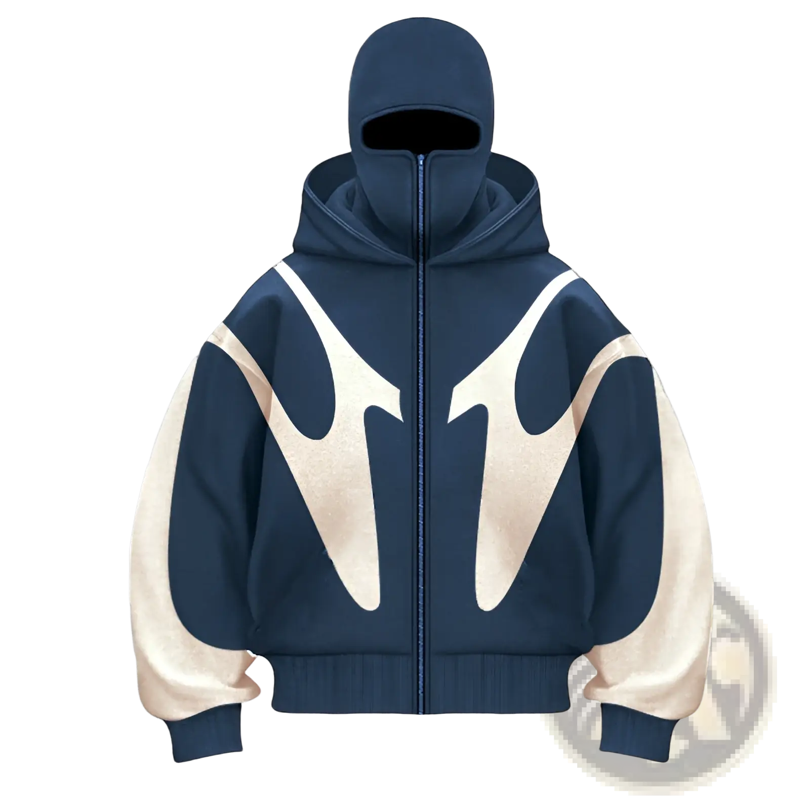 Dark blue flame graphic balaclava hooded zip up jacket with cream flame sleeves and integrated face mask