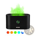 Black cylindrical flame humidifier rgb essential oil aroma diffuser with glowing green mist and illuminated steam icon