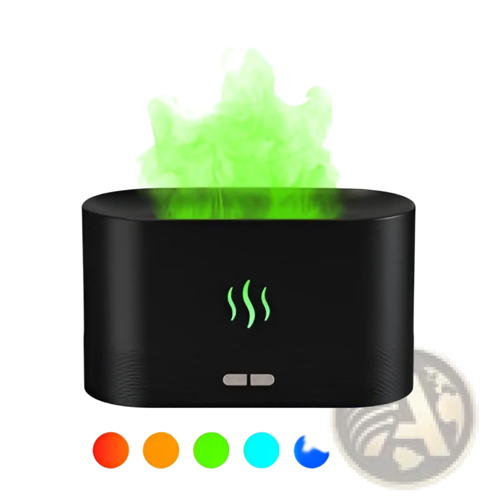 Black cylindrical flame humidifier rgb essential oil aroma diffuser with glowing green mist and illuminated steam icon