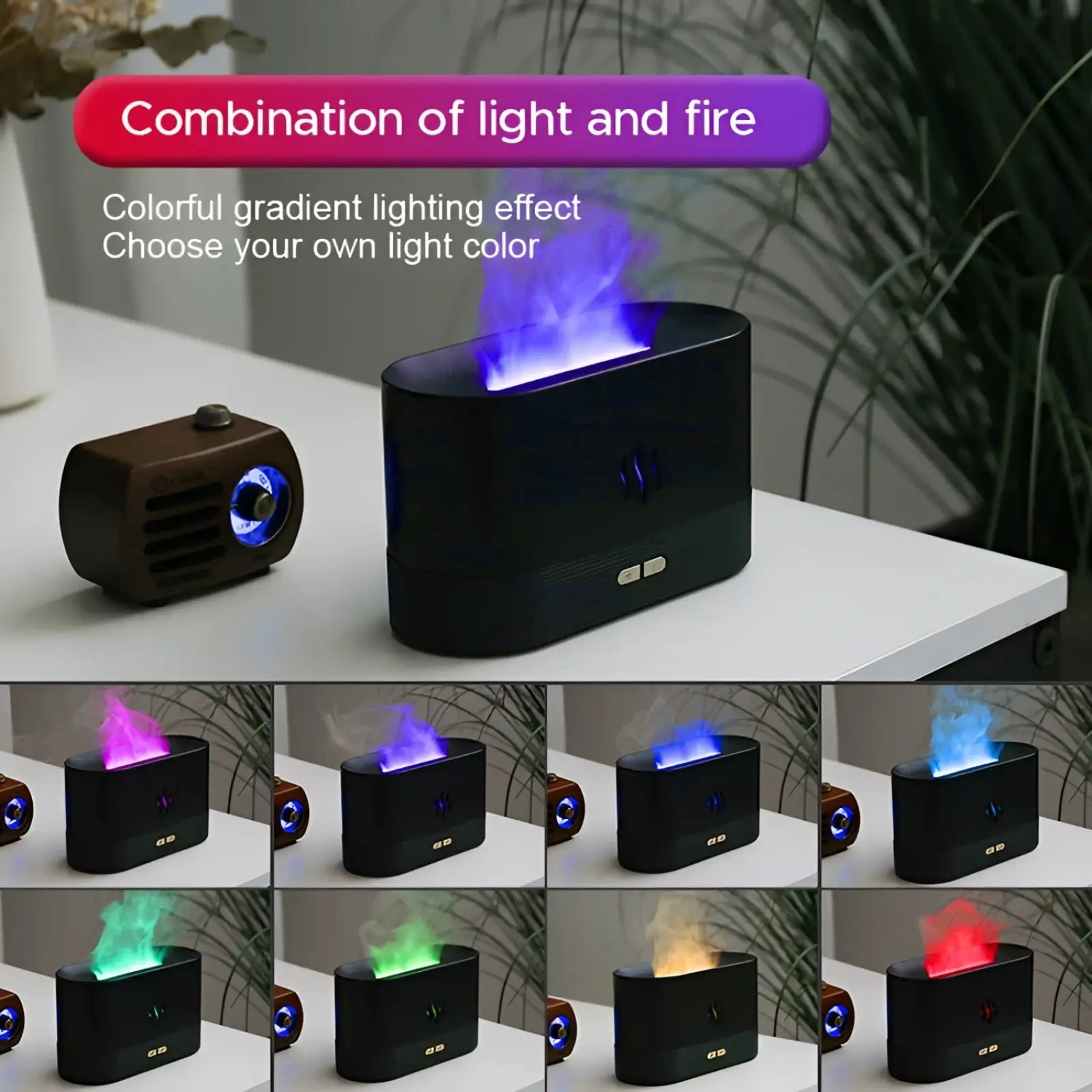 Black rectangular flame humidifier rgb essential oil aroma diffuser with glowing flame effect and customizable color lighting