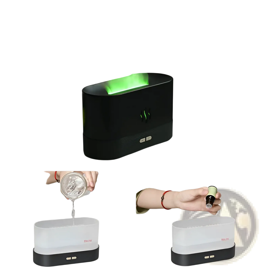 Black rectangular flame humidifier rgb essential oil aroma diffuser with glowing green mist and led indicator lights