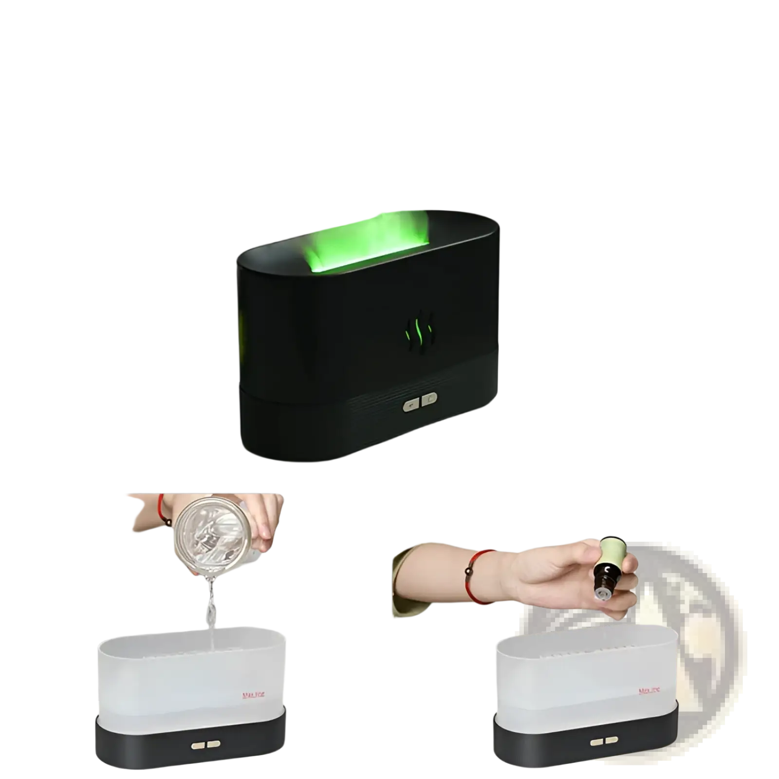 Black rectangular flame humidifier rgb essential oil aroma diffuser with glowing green mist and led indicator lights