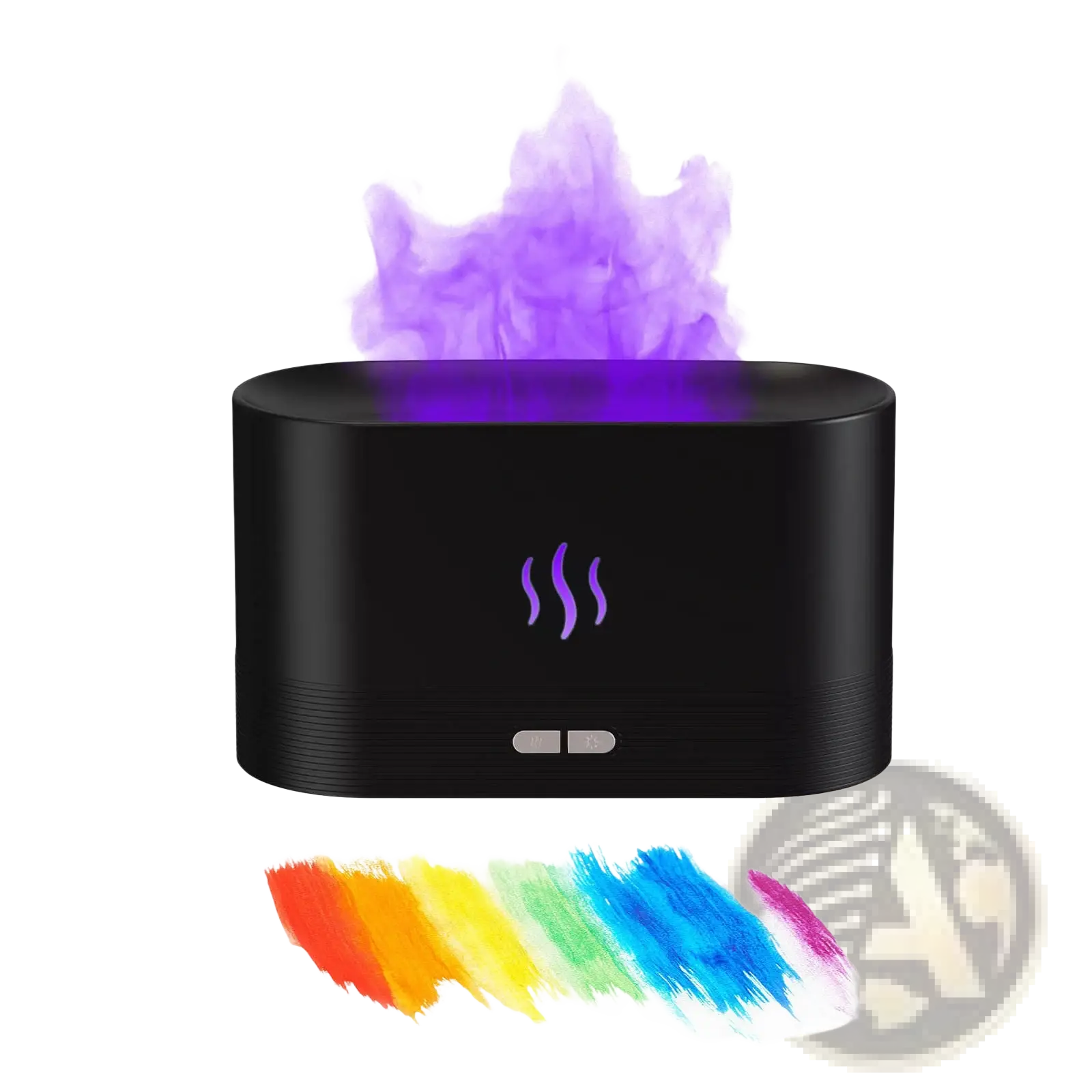 Black cylindrical flame humidifier rgb essential oil aroma diffuser with purple steam and glowing control icon visible