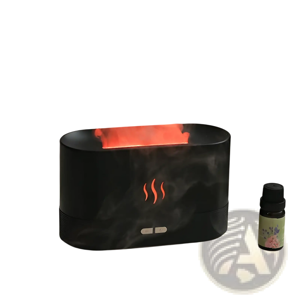 Black marble-effect flame humidifier with rgb essential oil diffuser 180ml and orange led faux flame effect lighting