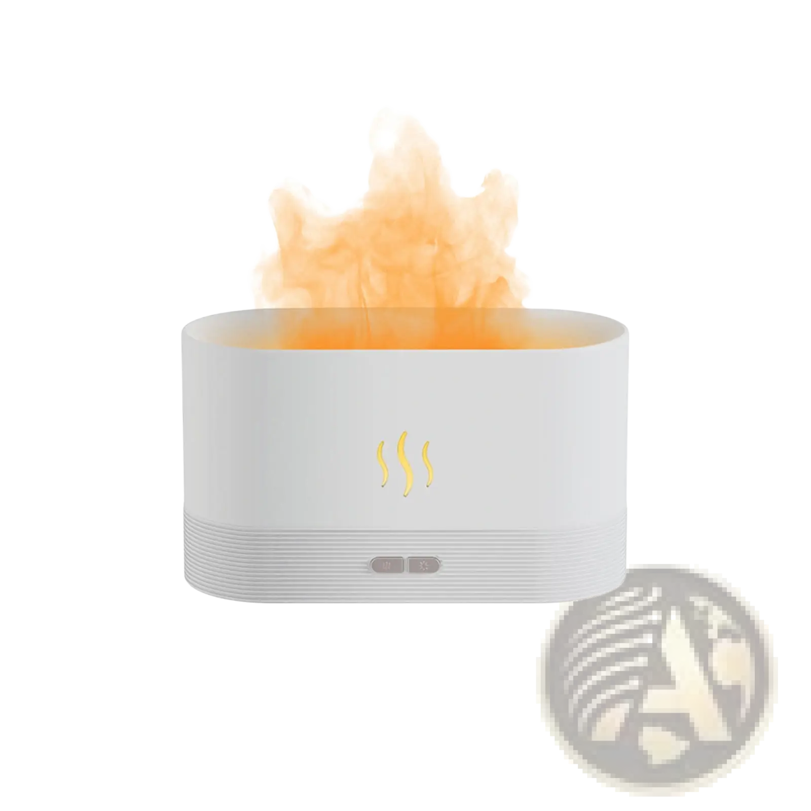 White cylindrical flame humidifier rgb essential oil aroma diffuser with glowing orange flame effect and yellow steam icon