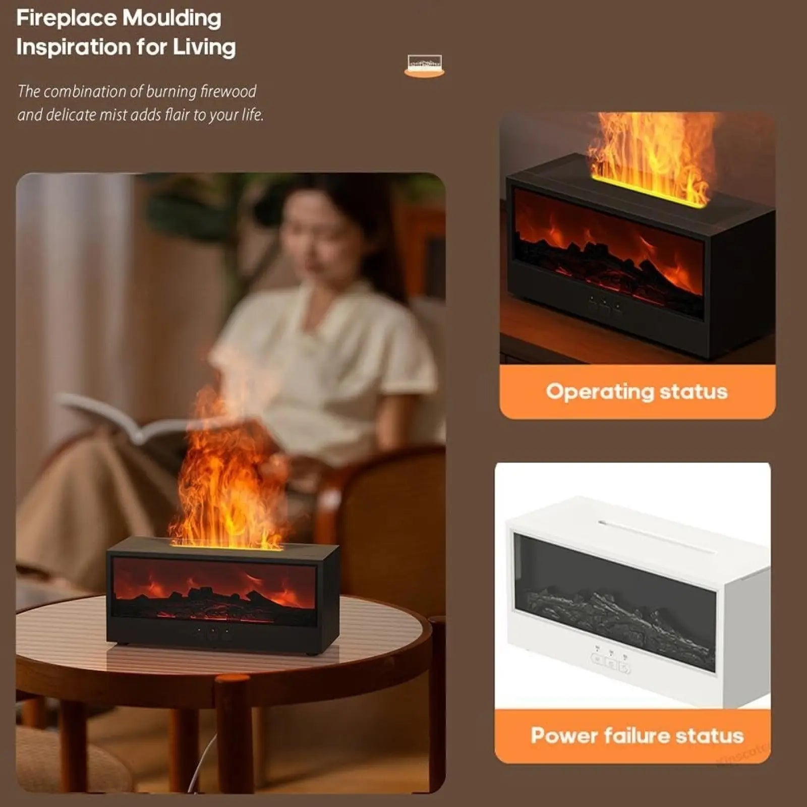 Black electric fireplace with realistic flames and glowing embers in flame humidifier volcano aromatherapy diffuser light