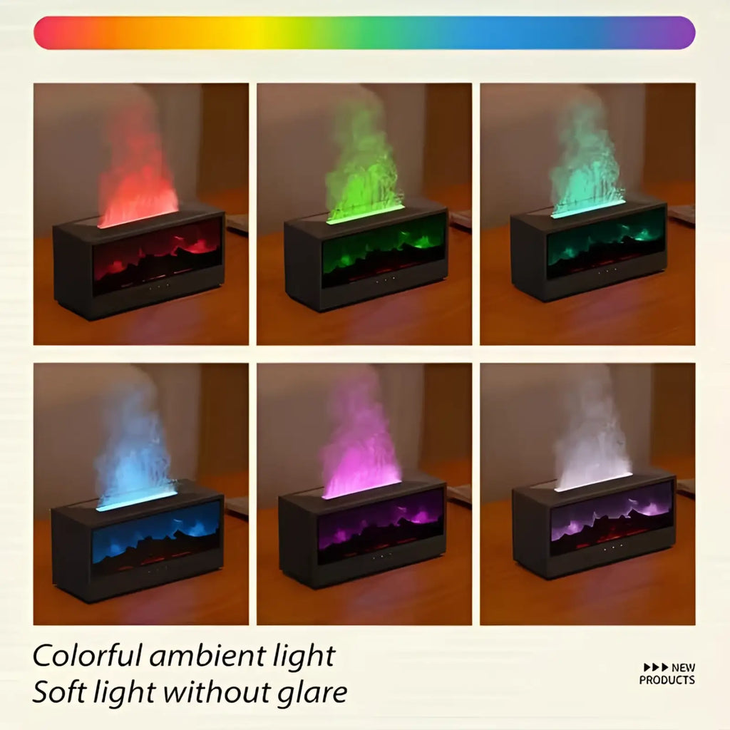 Black rectangular electric fireplace with realistic flame effect and customizable colorful ambient lighting for aromatherapy