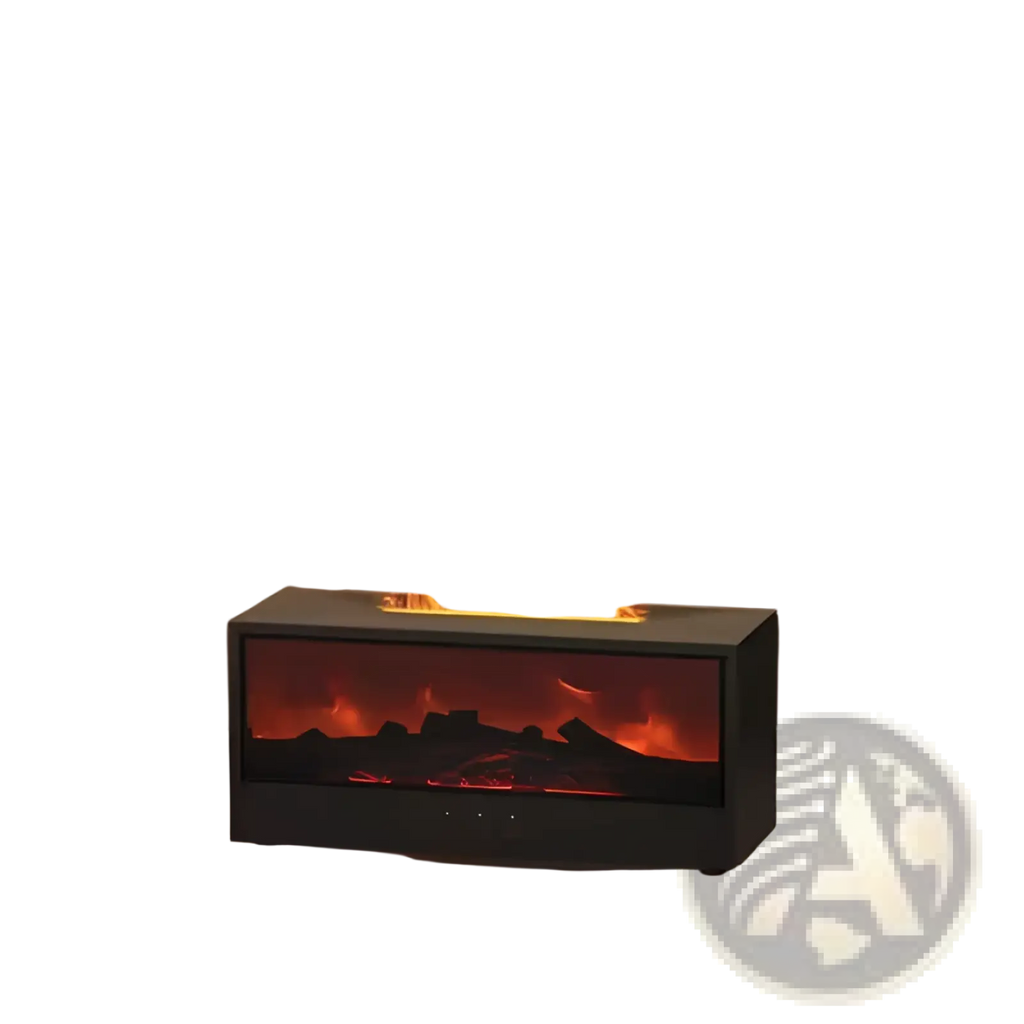 Black electric fireplace with realistic flames and glowing embers designed for ambiance and fragrance diffusion