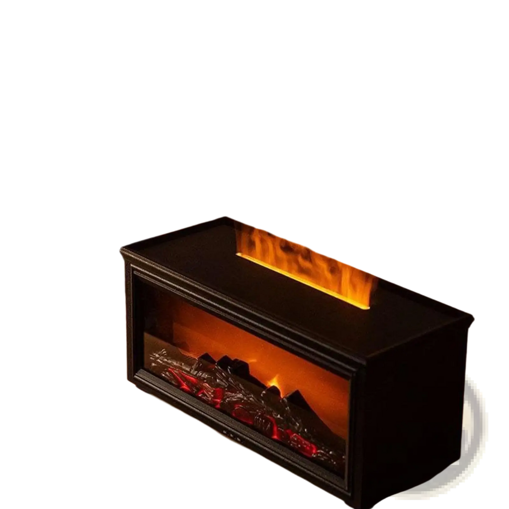 Black rectangular flame humidifier volcano aromatherapy diffuser with glass front orange flames and glowing red embers