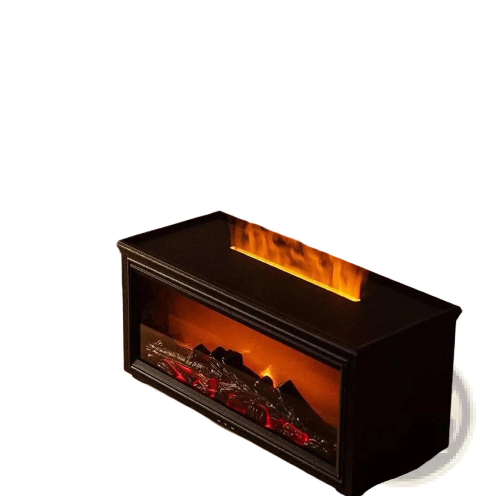 Black rectangular flame humidifier volcano aromatherapy diffuser with glass front orange flames and glowing red embers